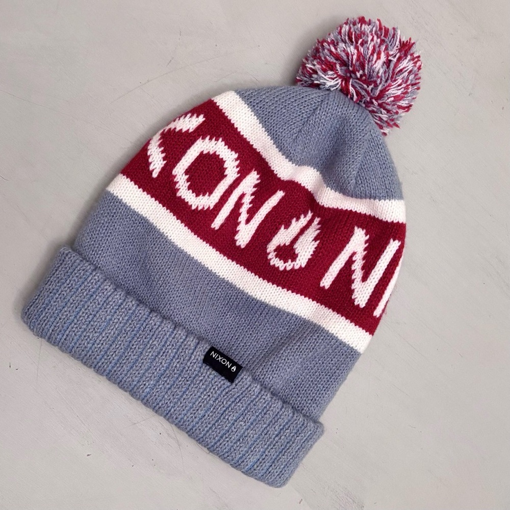 NIXON Scripted Logo Teamster Knit Headwear Pom Pom Beanie Hat